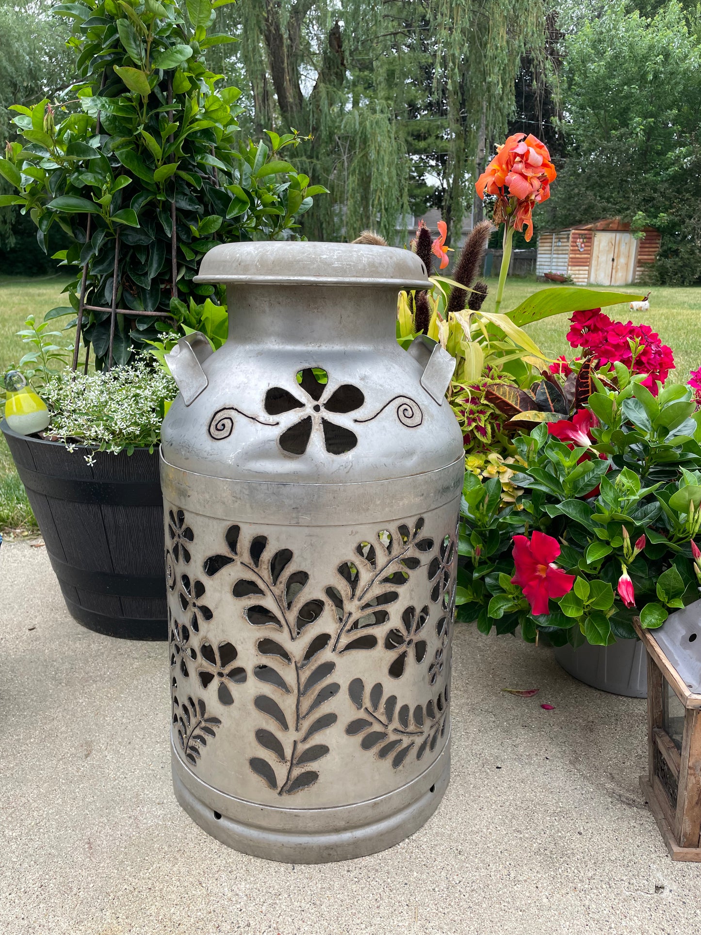 Vintage Milk Can Flower Luminary - Hand Cut