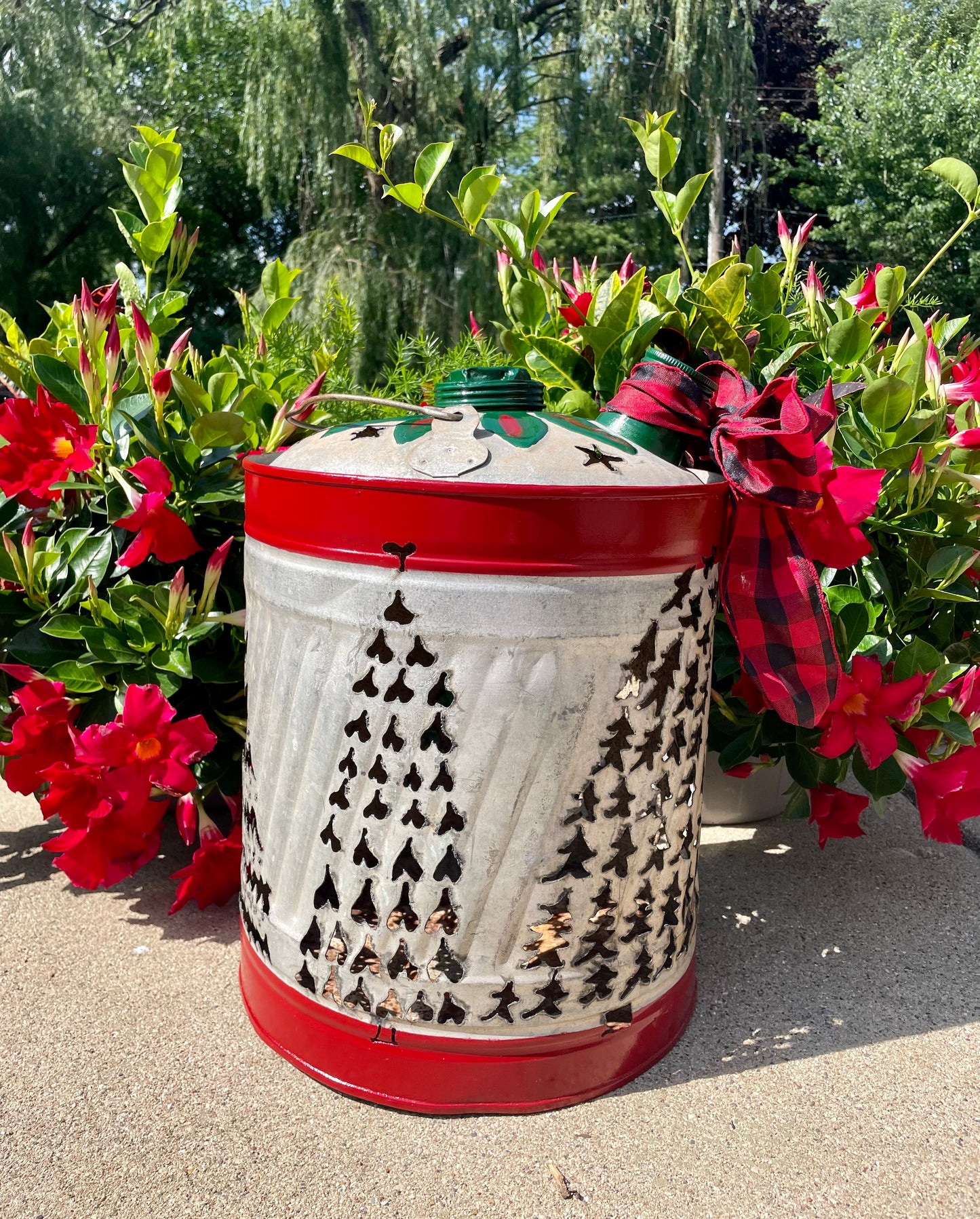 Large Christmas Tree Gas Can Luminary - Green and Red Pointsetta