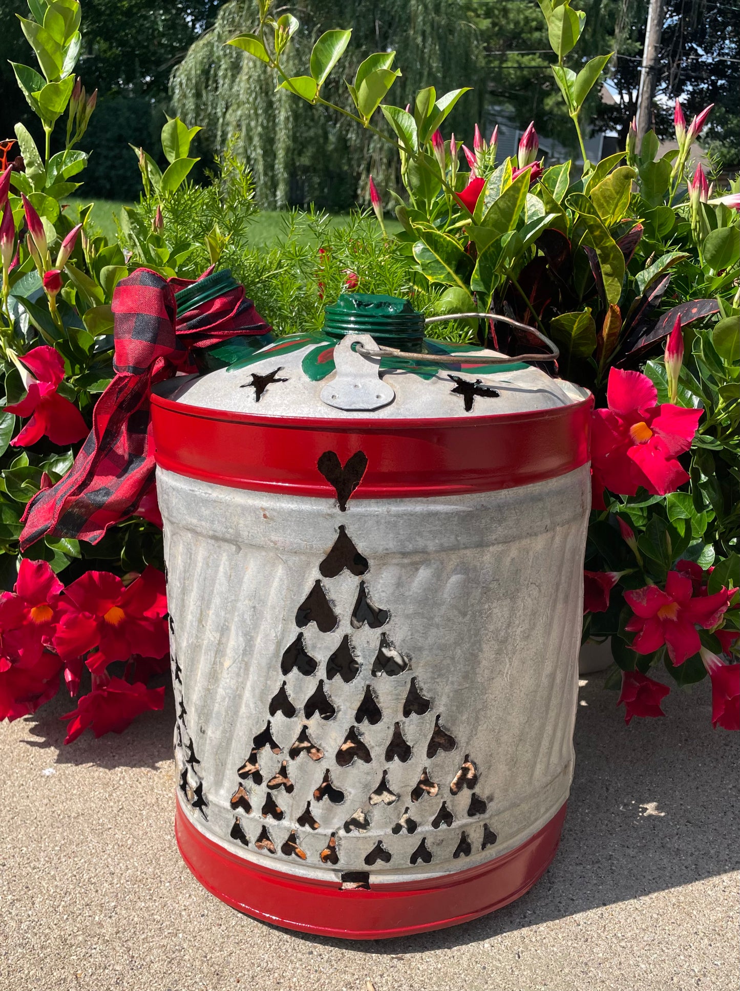Large Christmas Tree Gas Can Luminary - Green and Red Pointsetta