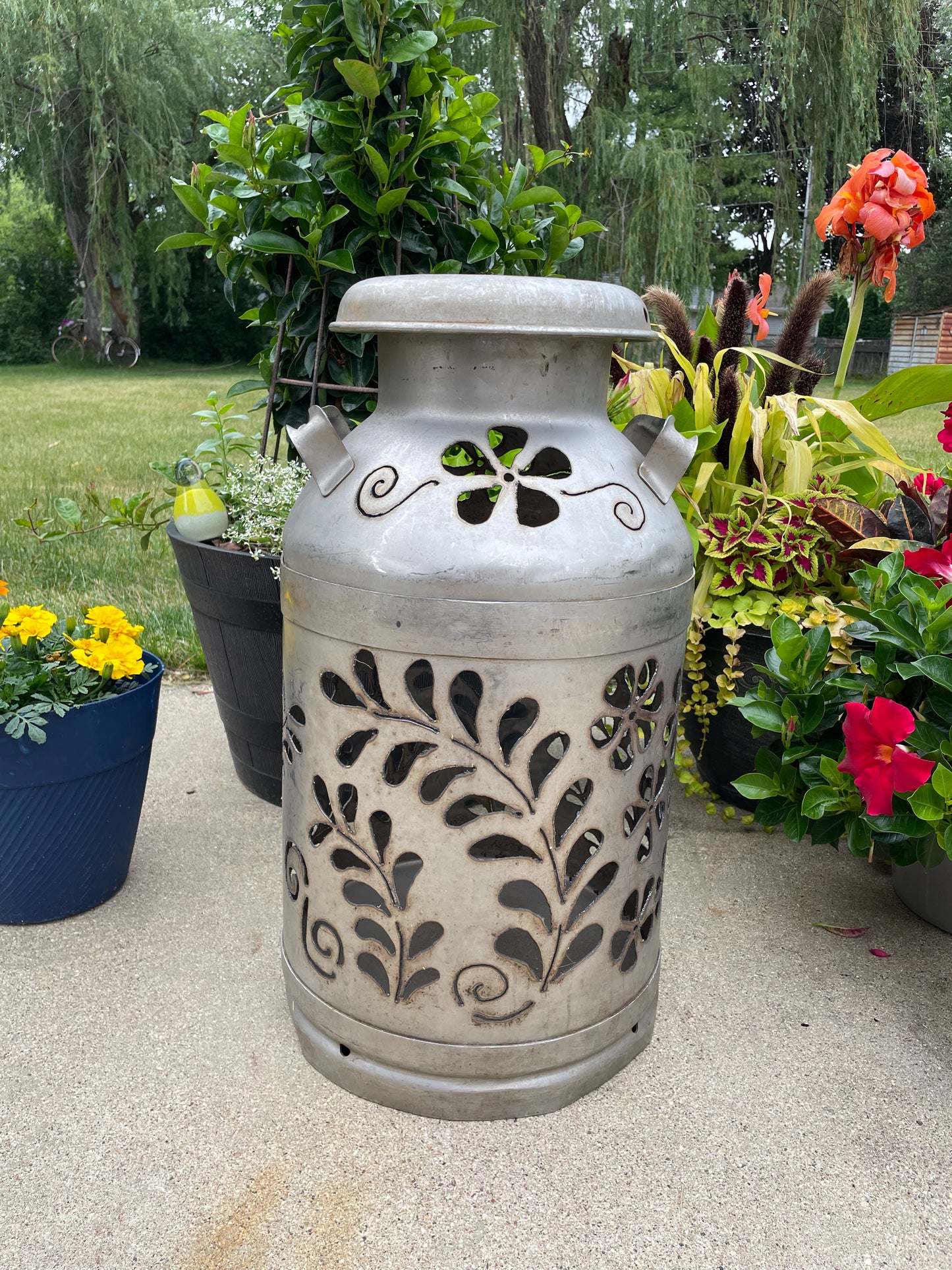 Vintage Milk Can Flower Luminary - Hand Cut