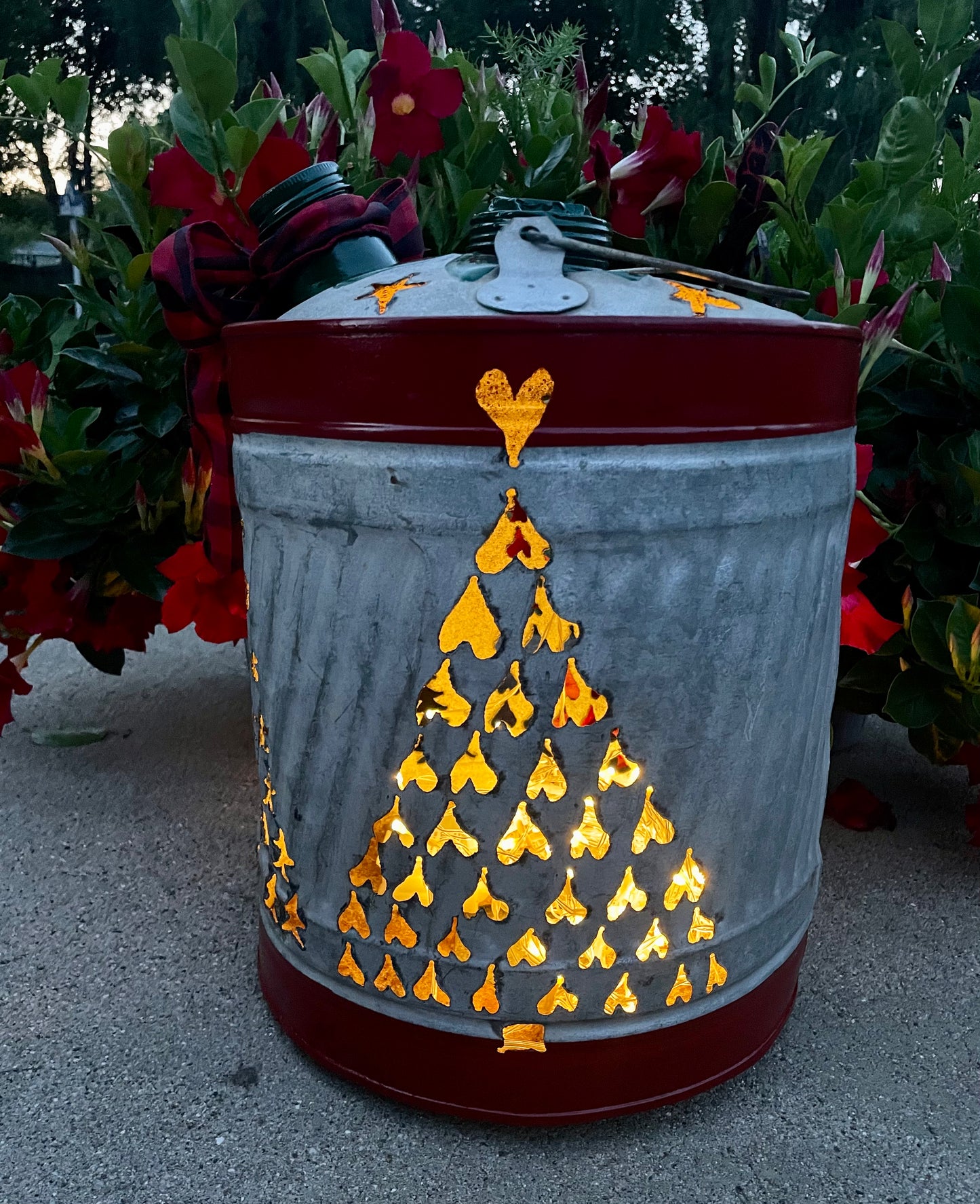 Large Christmas Tree Gas Can Luminary - Green and Red Pointsetta