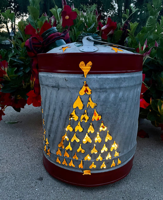 Large Christmas Tree Gas Can Luminary - Green and Red Pointsetta