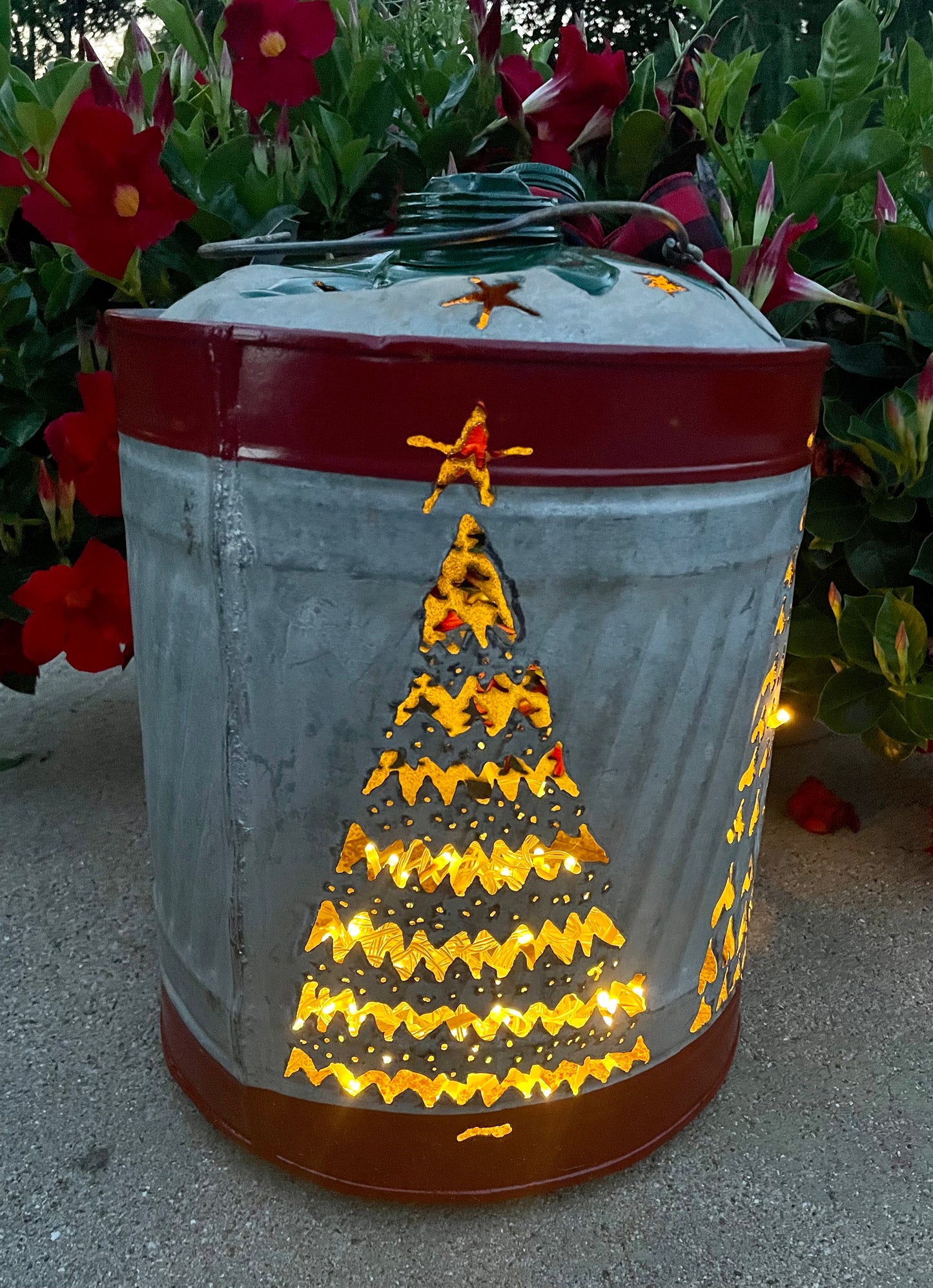 Large Christmas Tree Gas Can Luminary - Green and Red Pointsetta