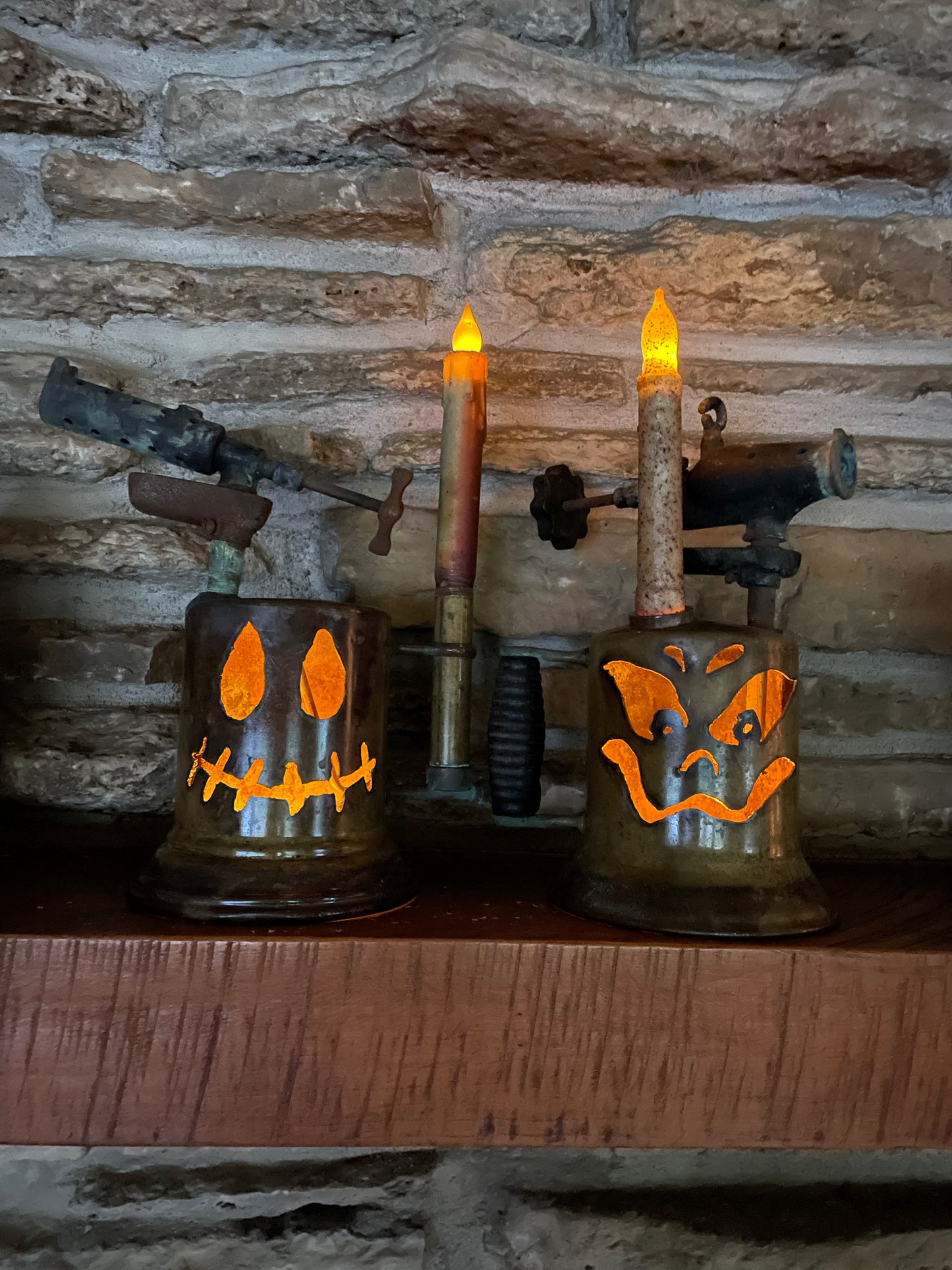 Two Antique Brass Blowtorch Jack-o-Lantern Luminarias