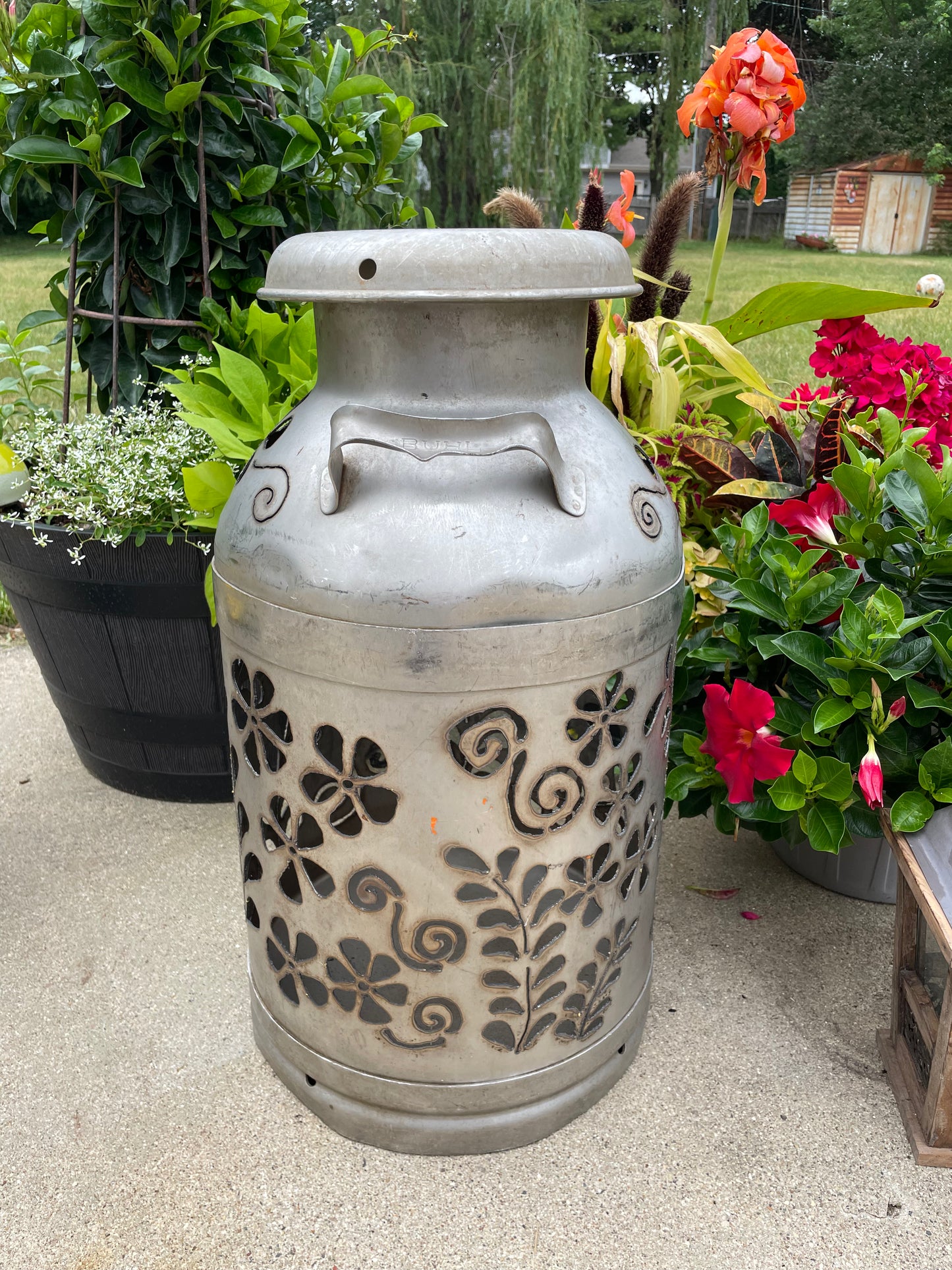 Vintage Milk Can Flower Luminary - Hand Cut