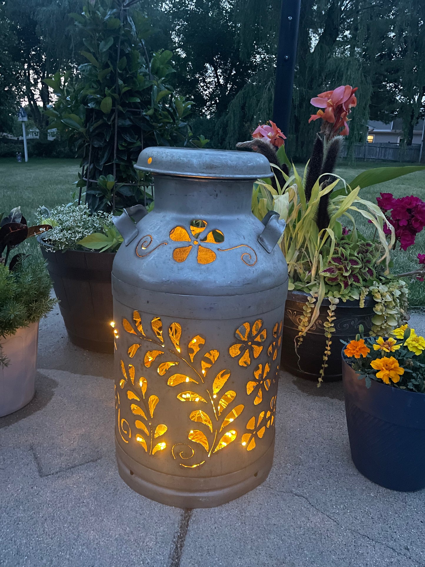 Vintage Milk Can Flower Luminary - Hand Cut