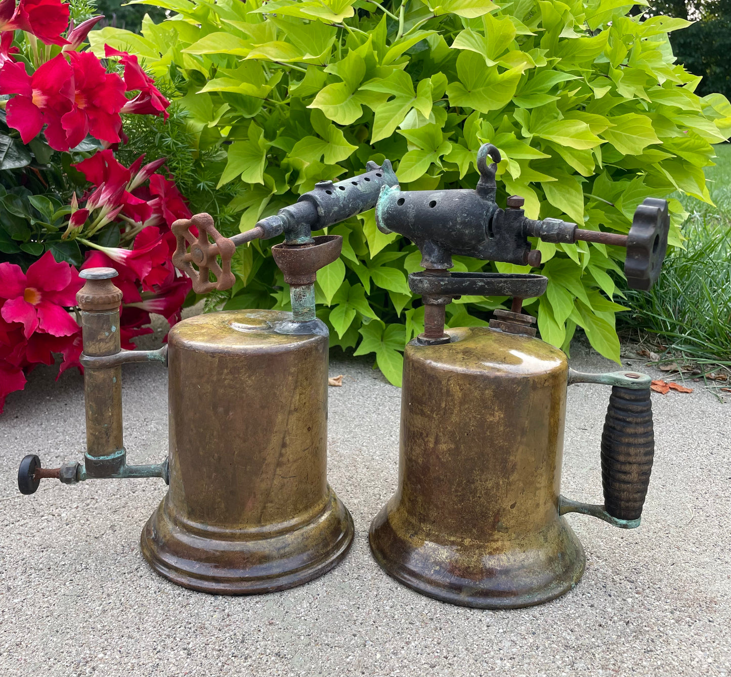 Two Antique Brass Blowtorch Jack-o-Lantern Luminarias