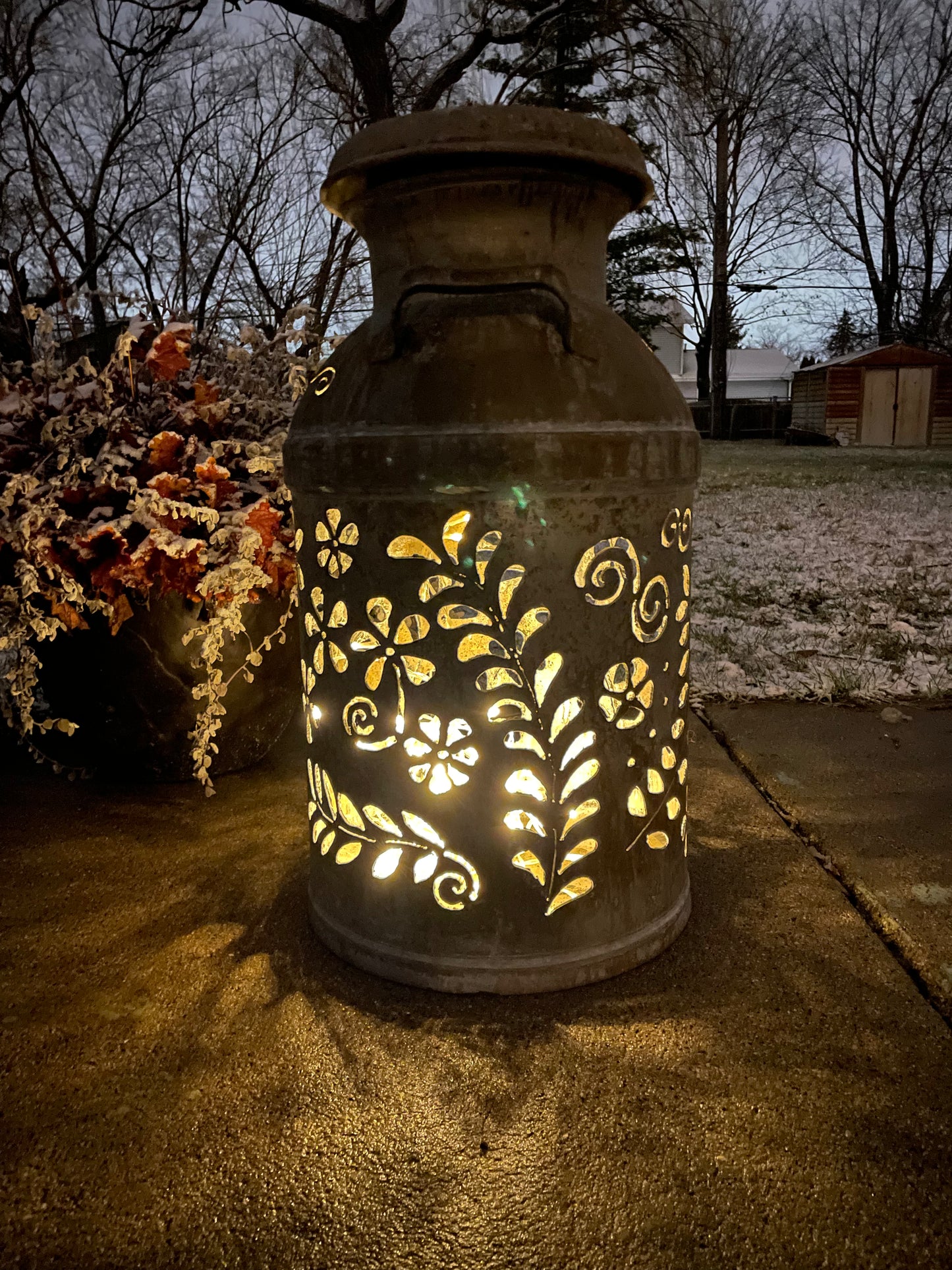 Vintage Milk Can Flower Luminary - Hand Cut
