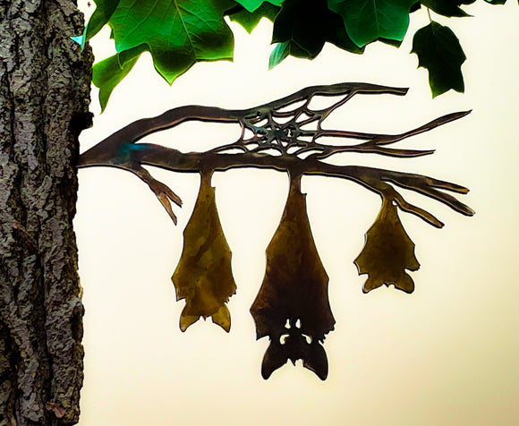 Three Hanging Bats Metal Tree Stake