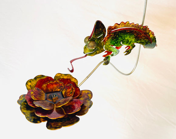 Chameleon and Flower Hanging Metal Garden Art