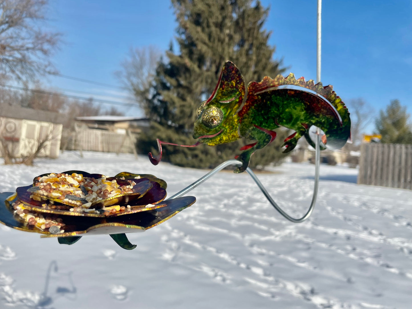 Chameleon and Flower Hanging Metal Garden Art