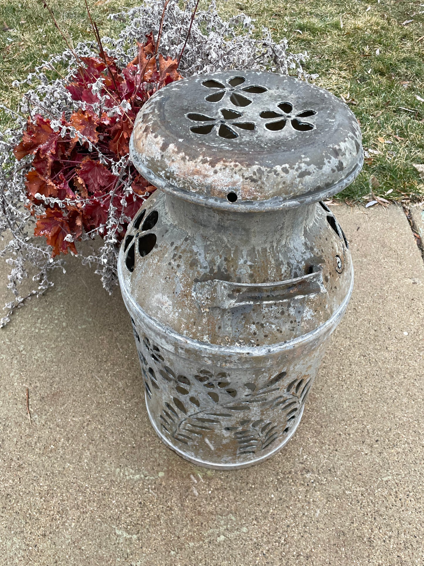 Vintage Milk Can Flower Luminary - Hand Cut