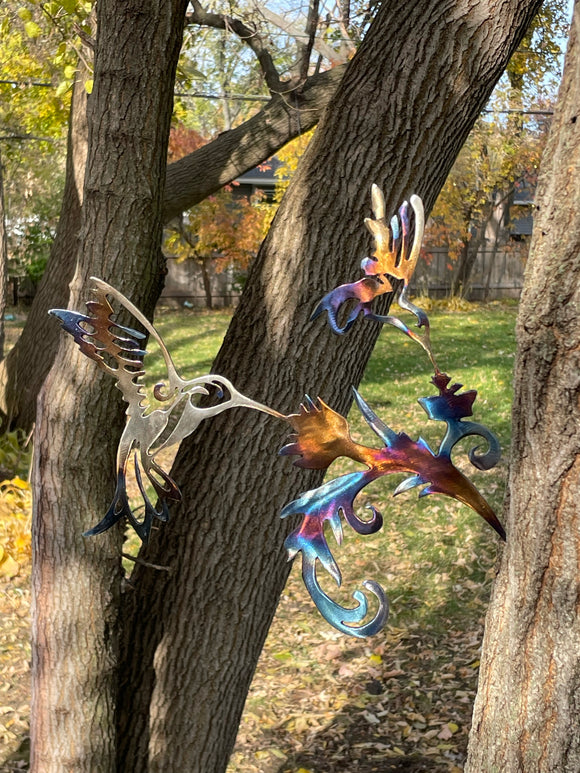 Flame painted hummingbirds. Tree stake or hanging.  Created by The Steelworker's Daughter.