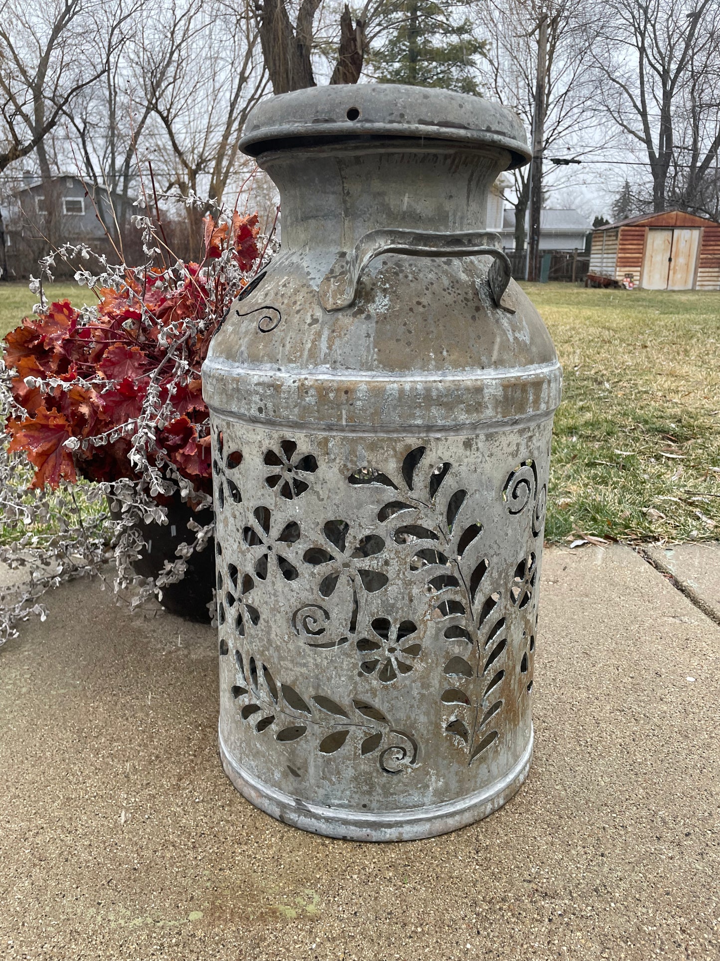 Vintage Milk Can Flower Luminary - Hand Cut