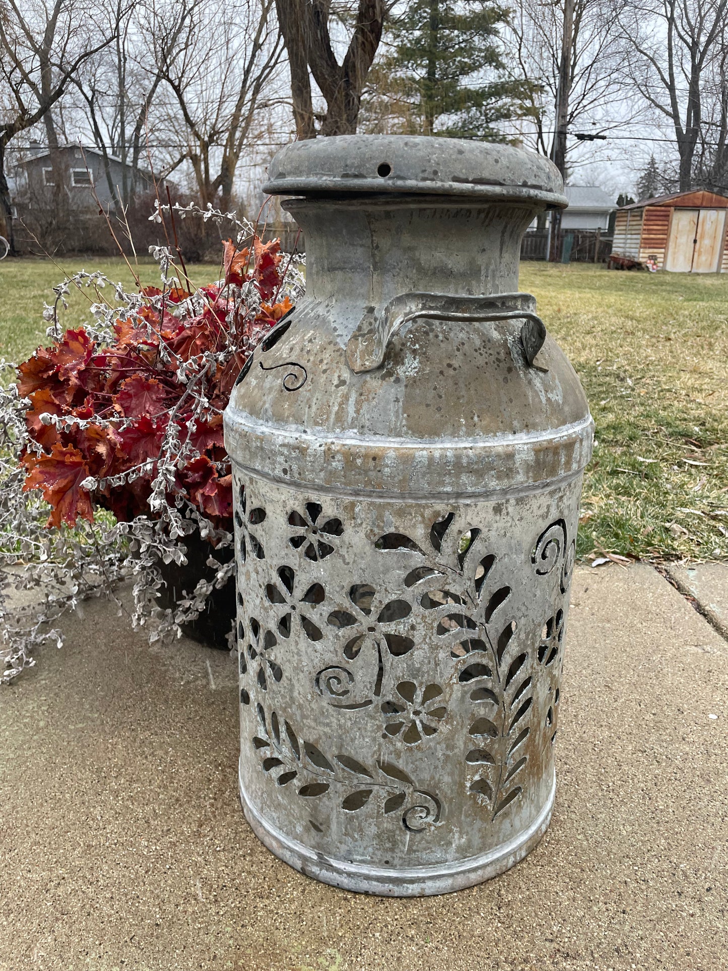 Vintage Milk Can Flower Luminary - Hand Cut