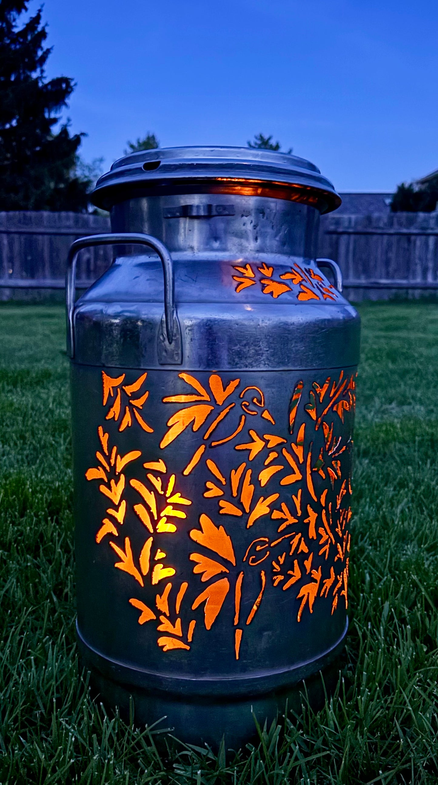 Stainless Steel Milk Can Luminary - Hummingbird Design