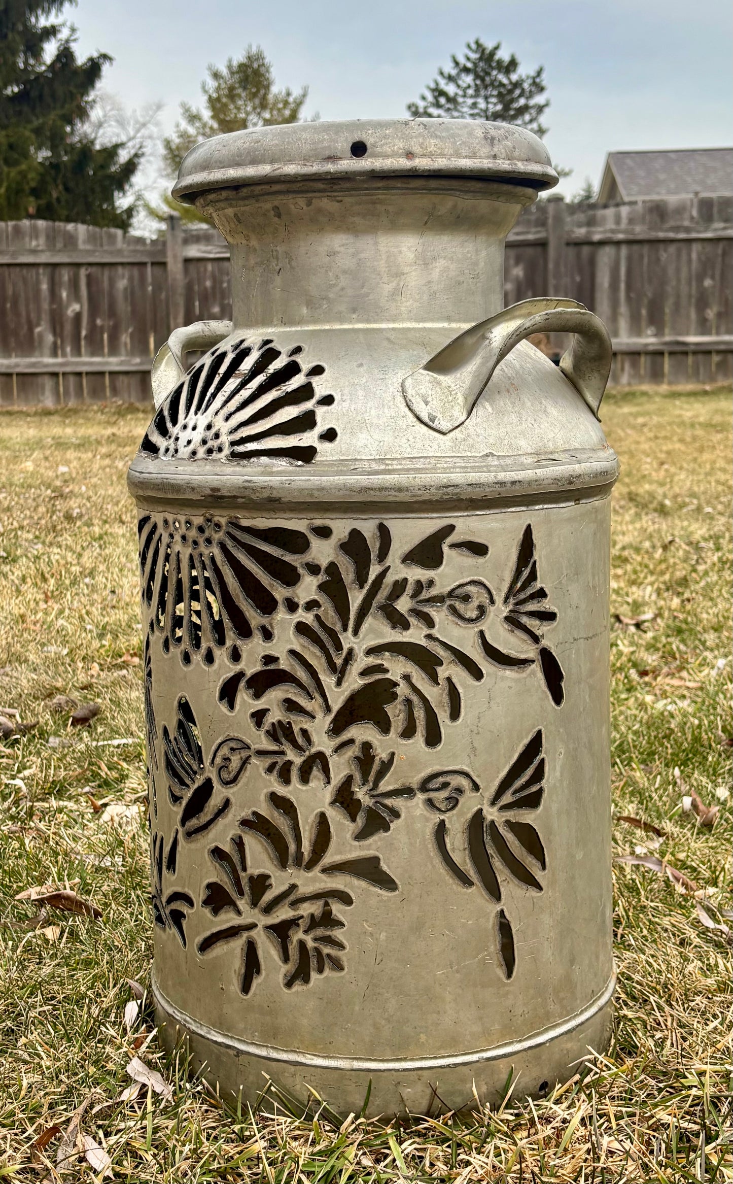 Vintage Milk Can Luminary - Hummingbird Design