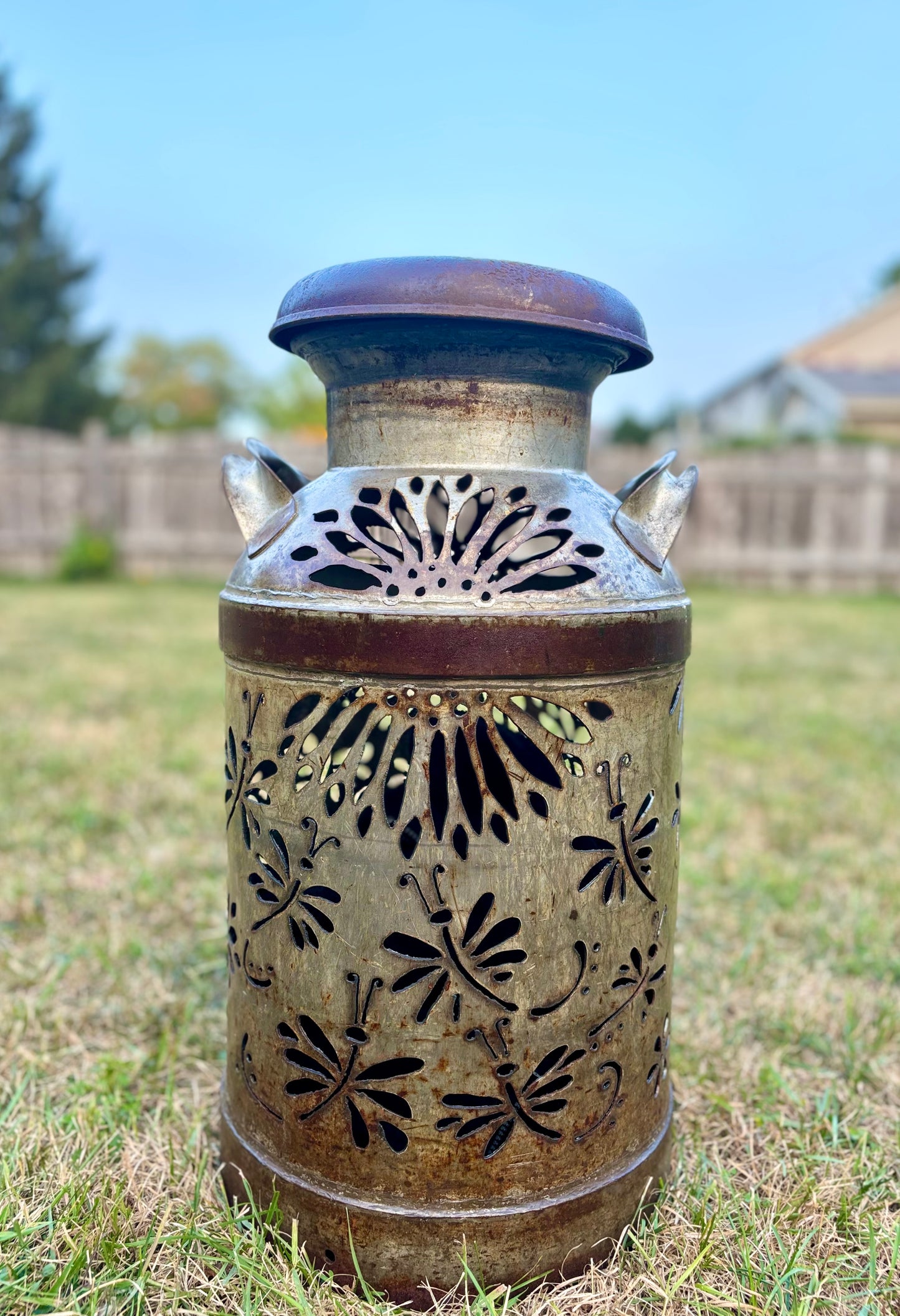 Vintage Milk Can Luminary - Dragonfly Design