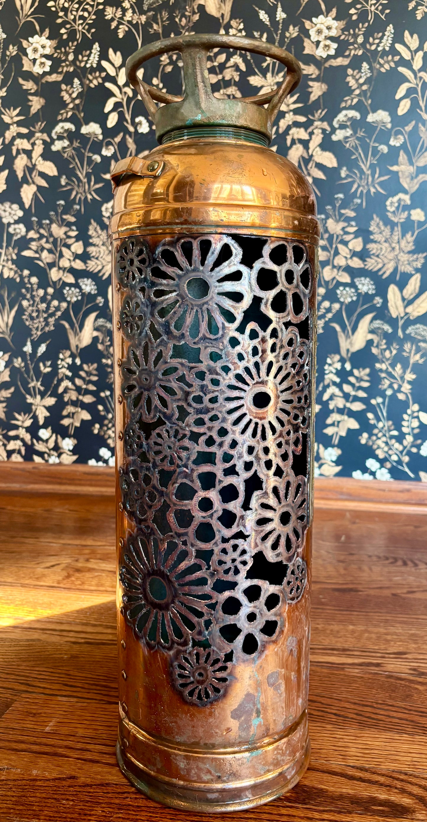 Antique Copper Fire Extinguisher - Flower Design