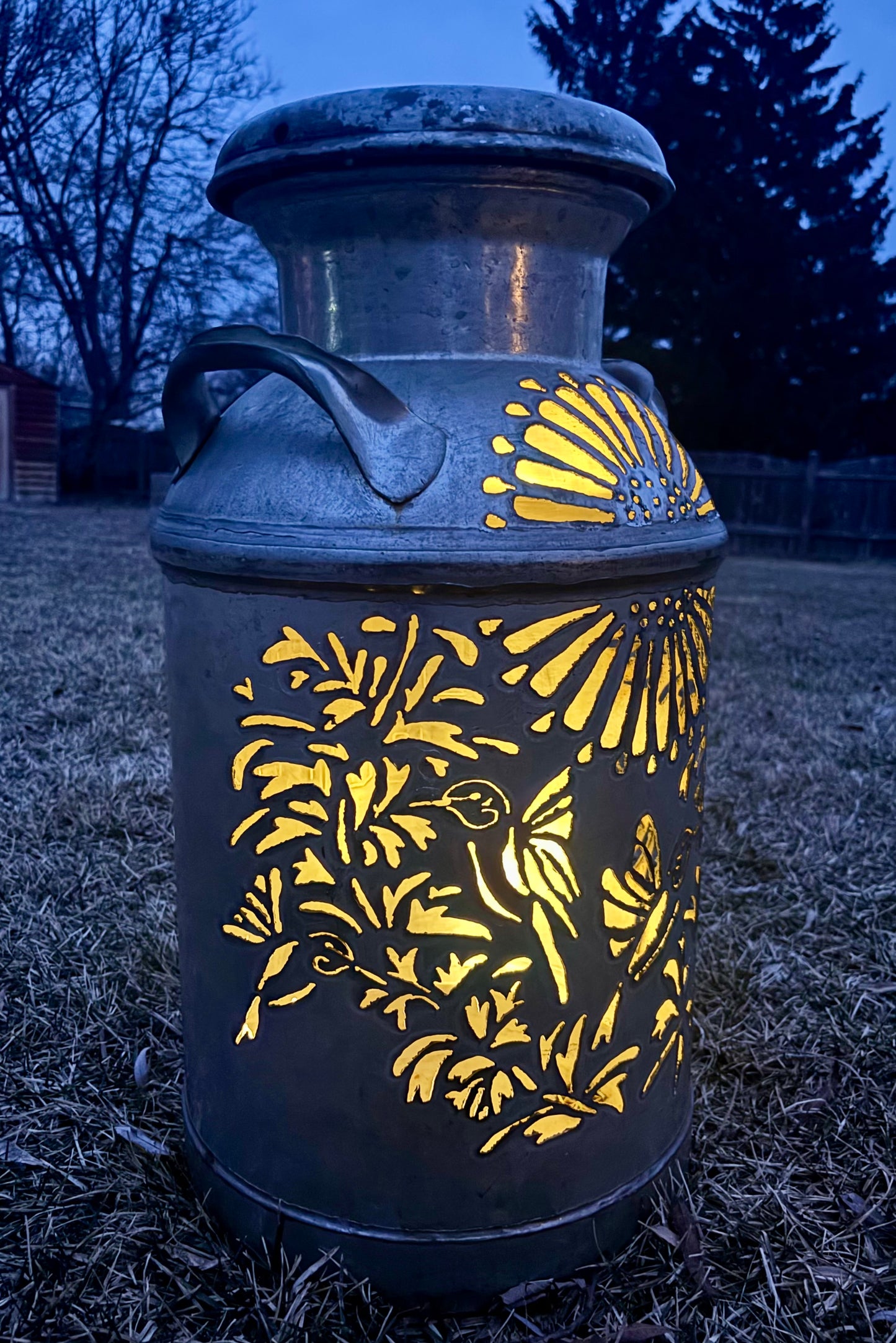 Vintage Milk Can Luminary - Hummingbird Design