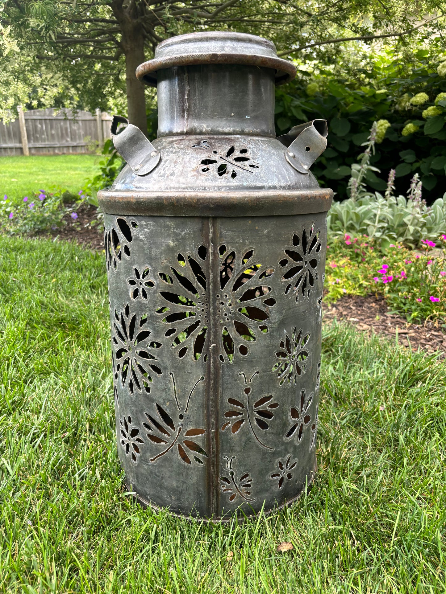 Vintage XL Oil Can Bee and Dragonfly Luminary