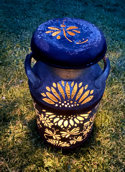 Vintage Milk Can Luminary - Dragonfly Design