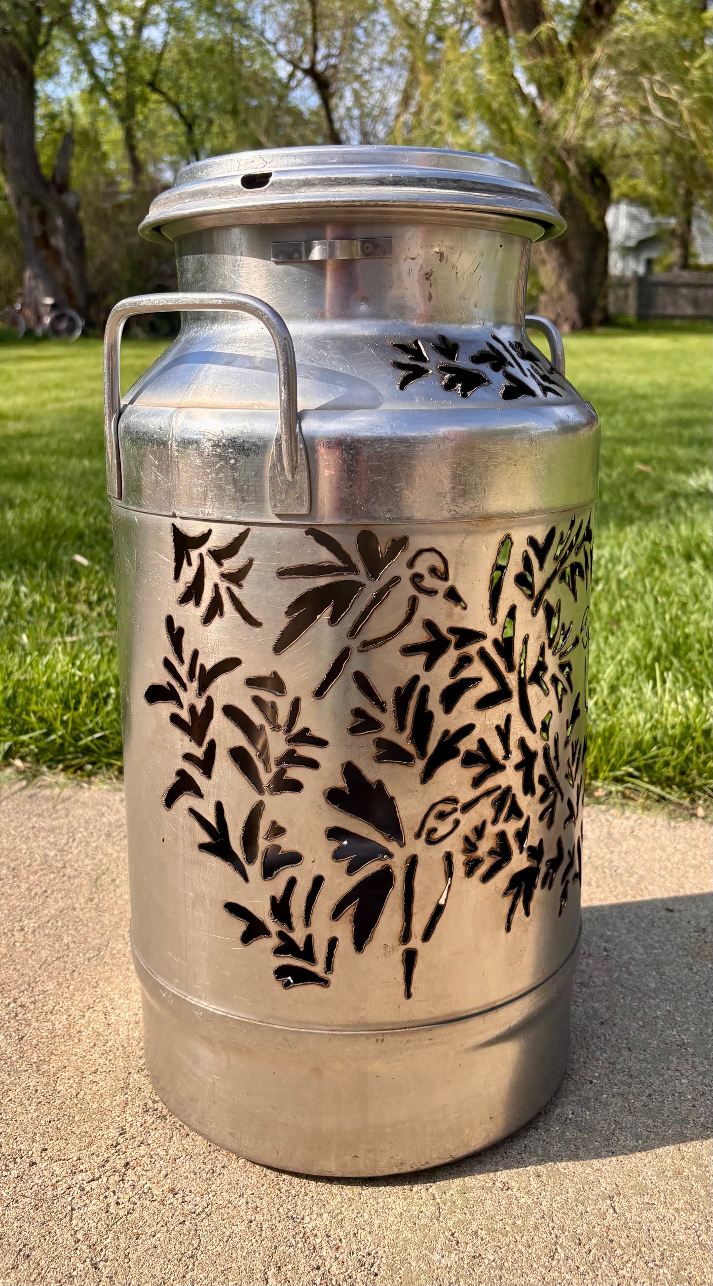 Stainless Steel Milk Can Luminary - Hummingbird Design