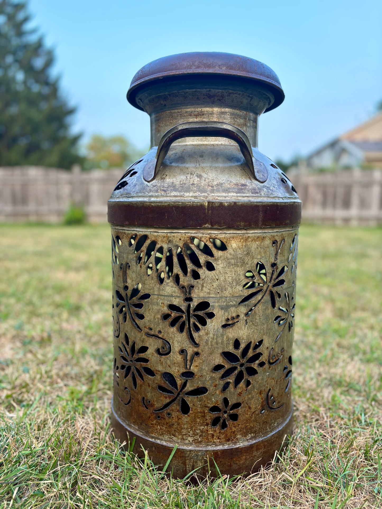 Vintage Milk Can Luminary - Dragonfly Design