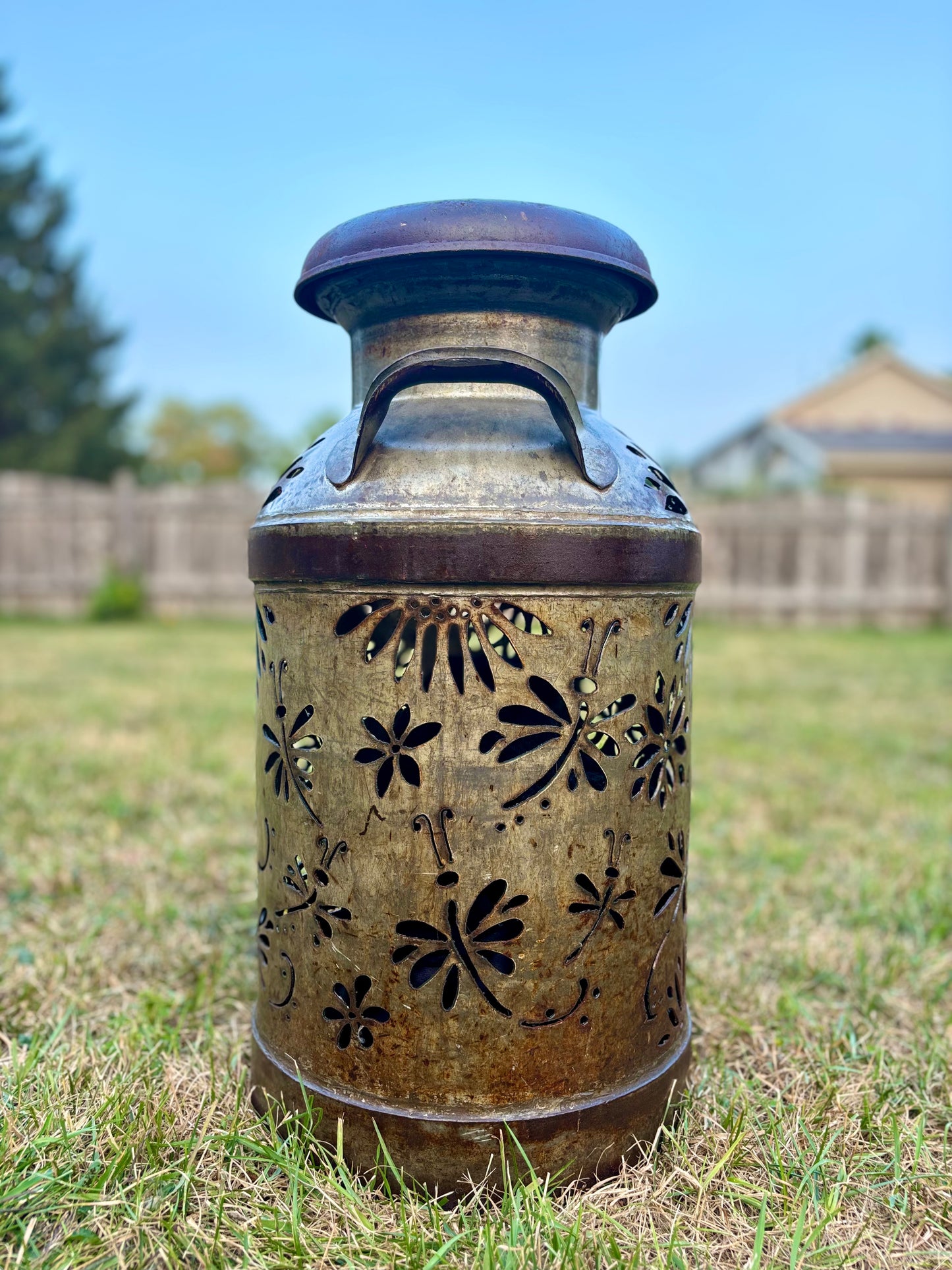 Vintage Milk Can Luminary - Dragonfly Design