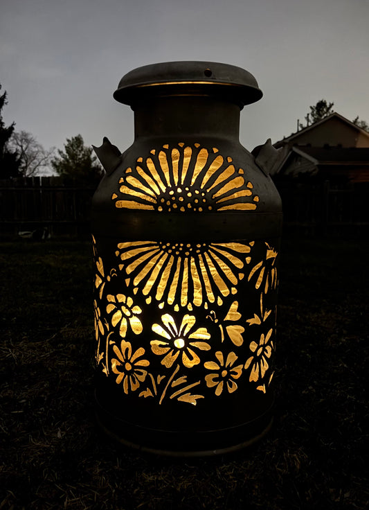 Vintage Milk Can Luminary - Flower, Butterfly and Hummingbird Design