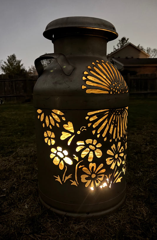 Vintage Milk Can Luminary - Flower, Butterfly and Hummingbird Design