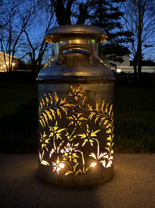 Vintage Milk Can Flower and Leaf Luminary