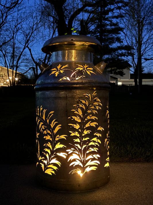 Vintage Milk Can Flower and Leaf Luminary
