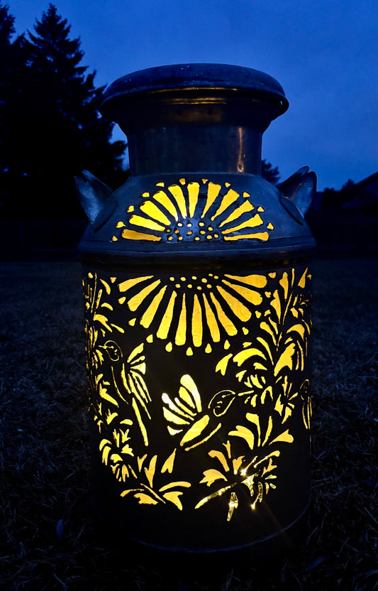 Vintage Milk Can Luminary - Hummingbird Design