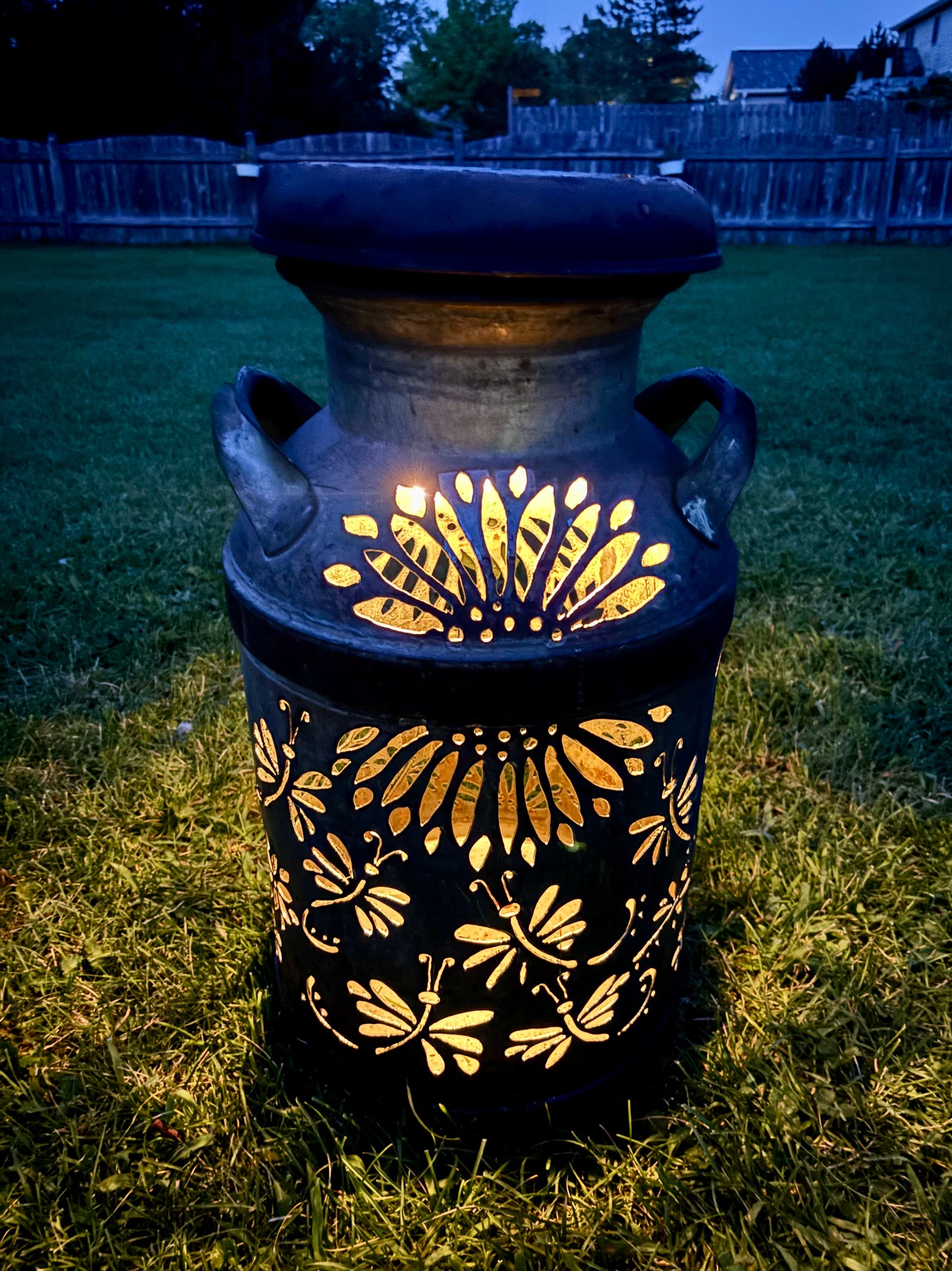Vintage Milk Can Luminary - Dragonfly Design