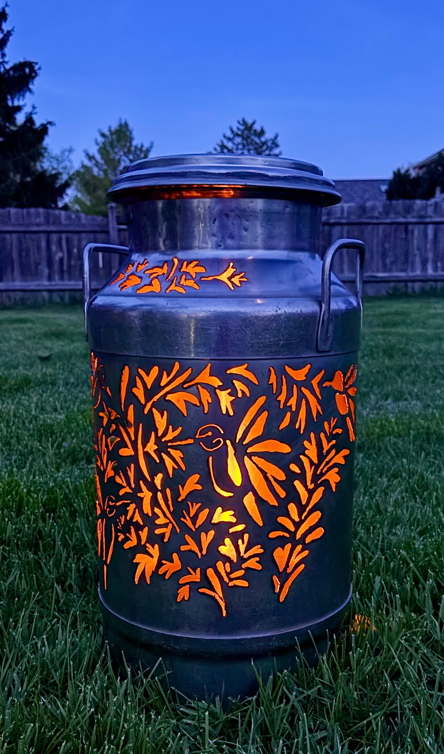 Stainless Steel Milk Can Luminary - Hummingbird Design