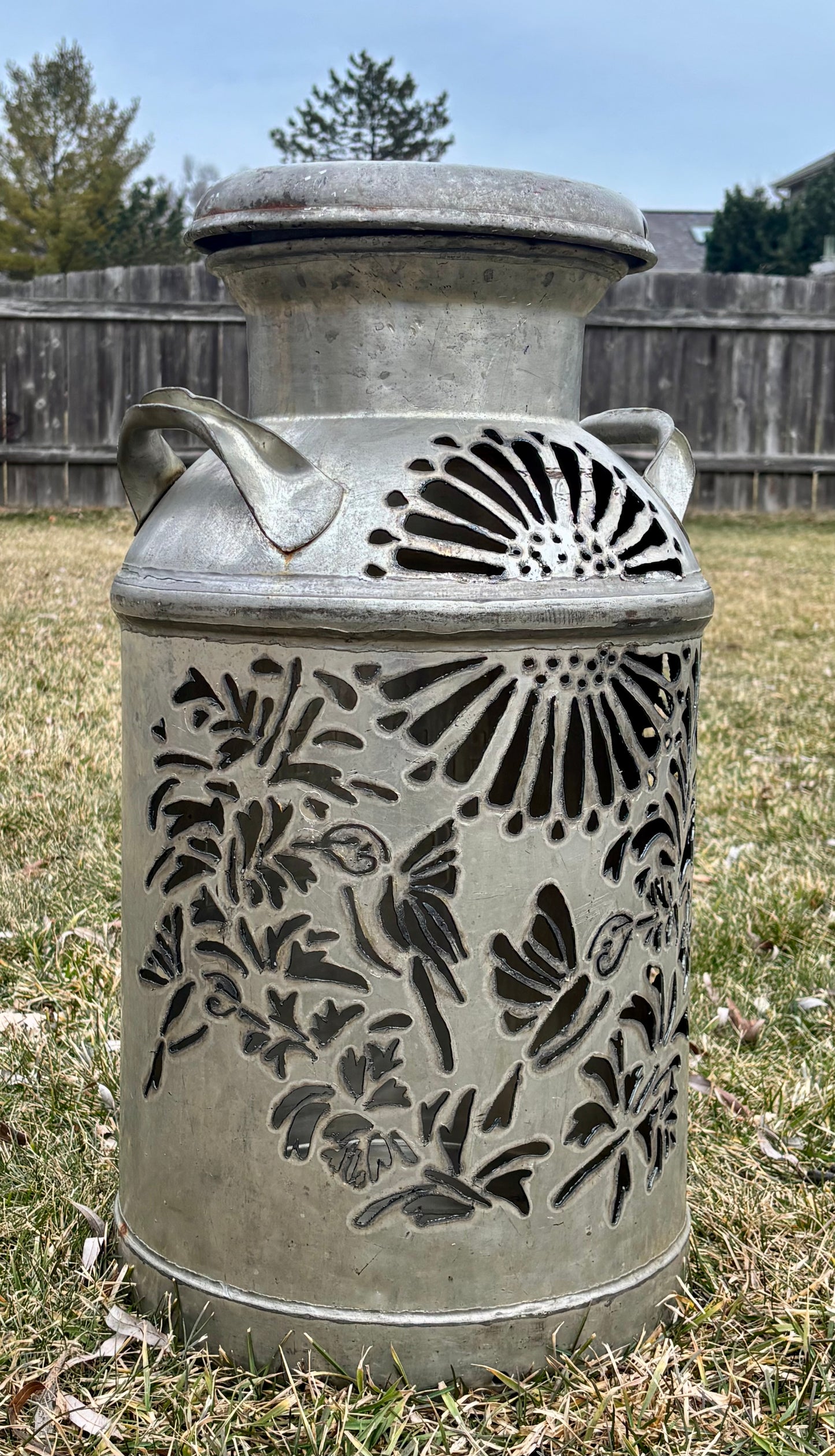 Vintage Milk Can Luminary - Hummingbird Design