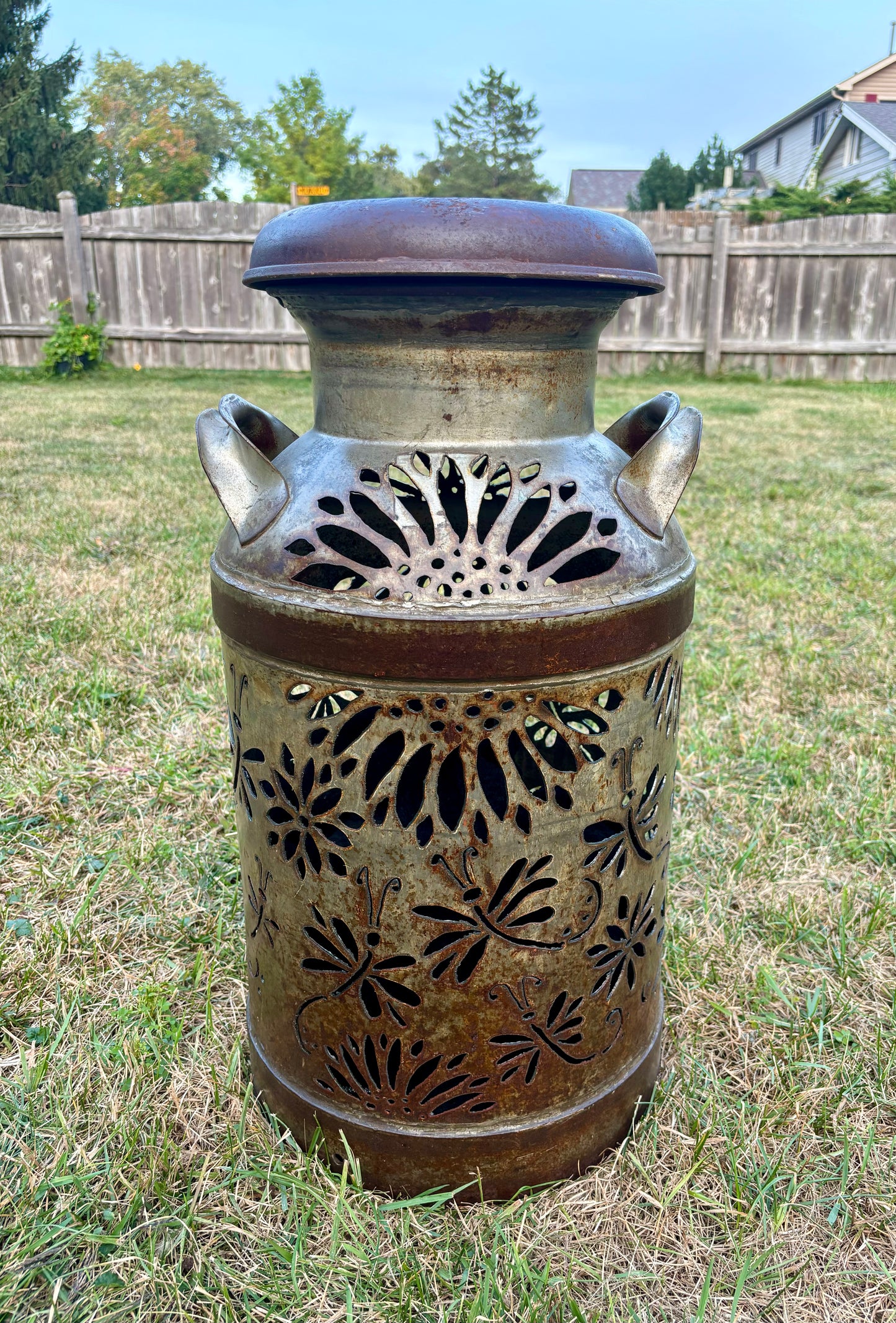 Vintage Milk Can Luminary - Dragonfly Design