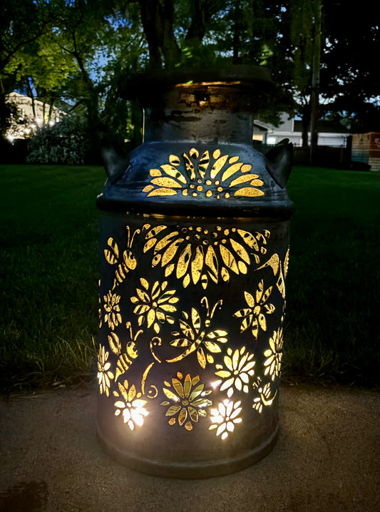 Vintage Milk Can Luminary - Dragonflies, Bees, Hummingbird