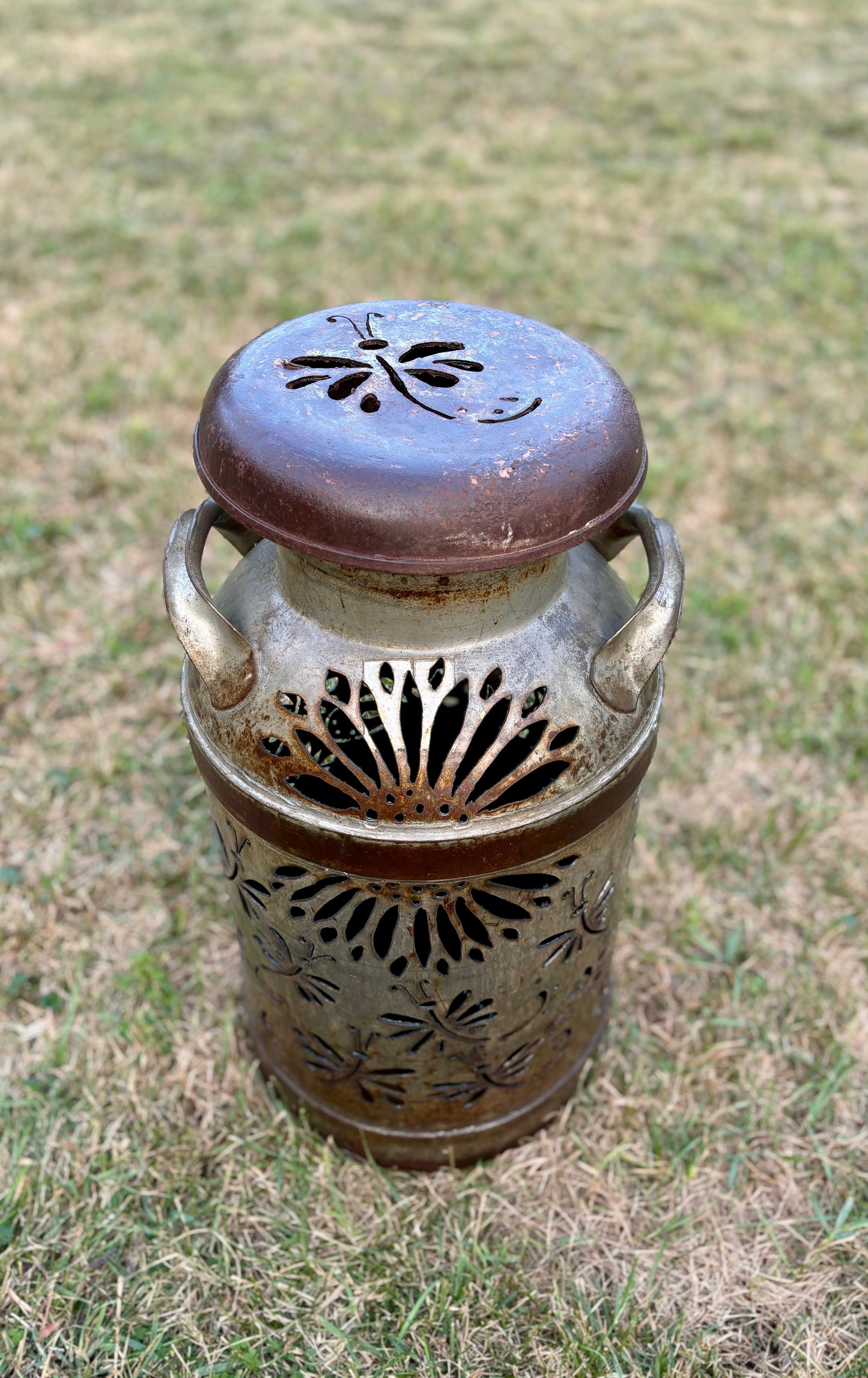 Vintage Milk Can Luminary - Dragonfly Design