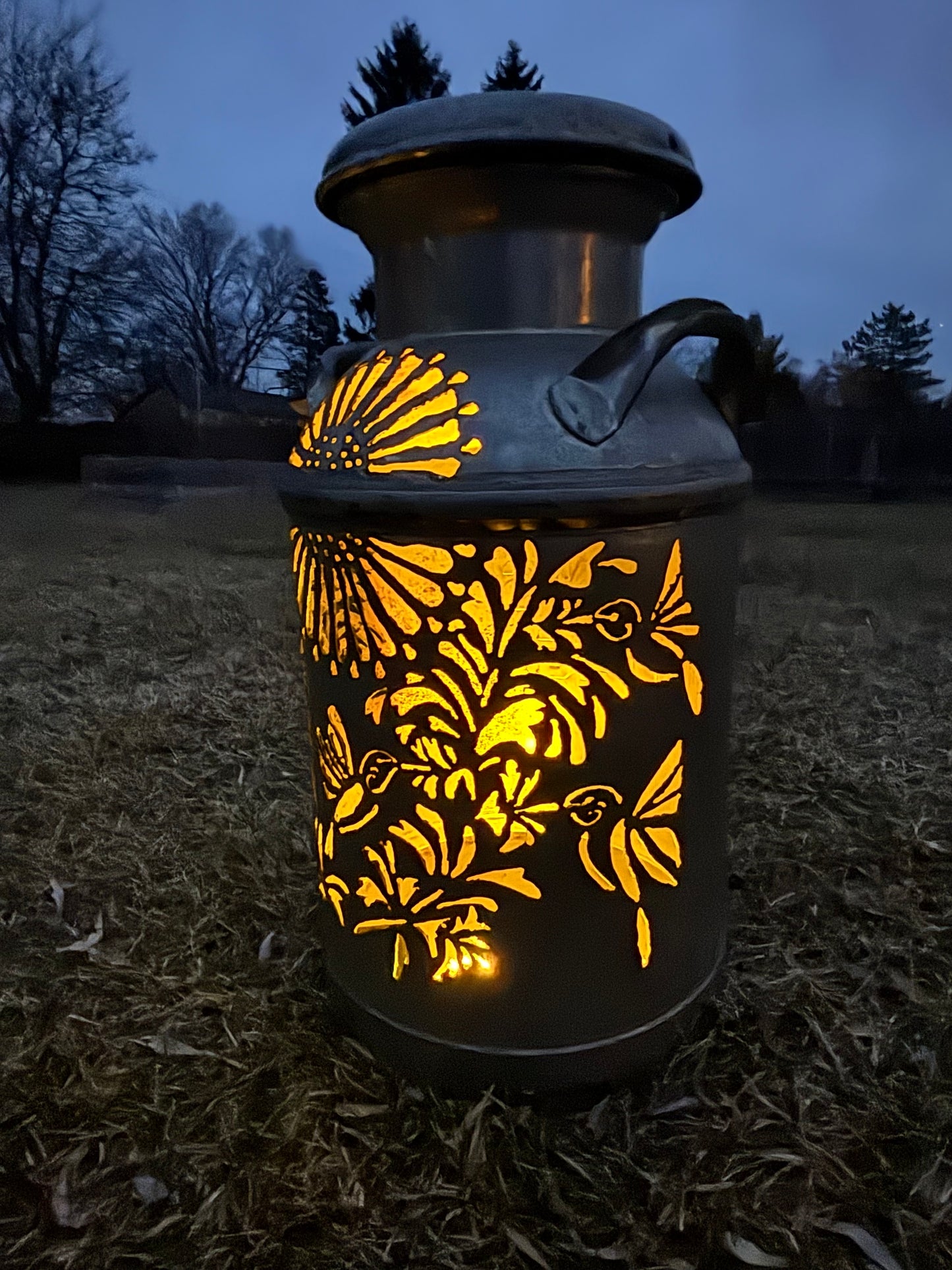 Vintage Milk Can Luminary - Hummingbird Design