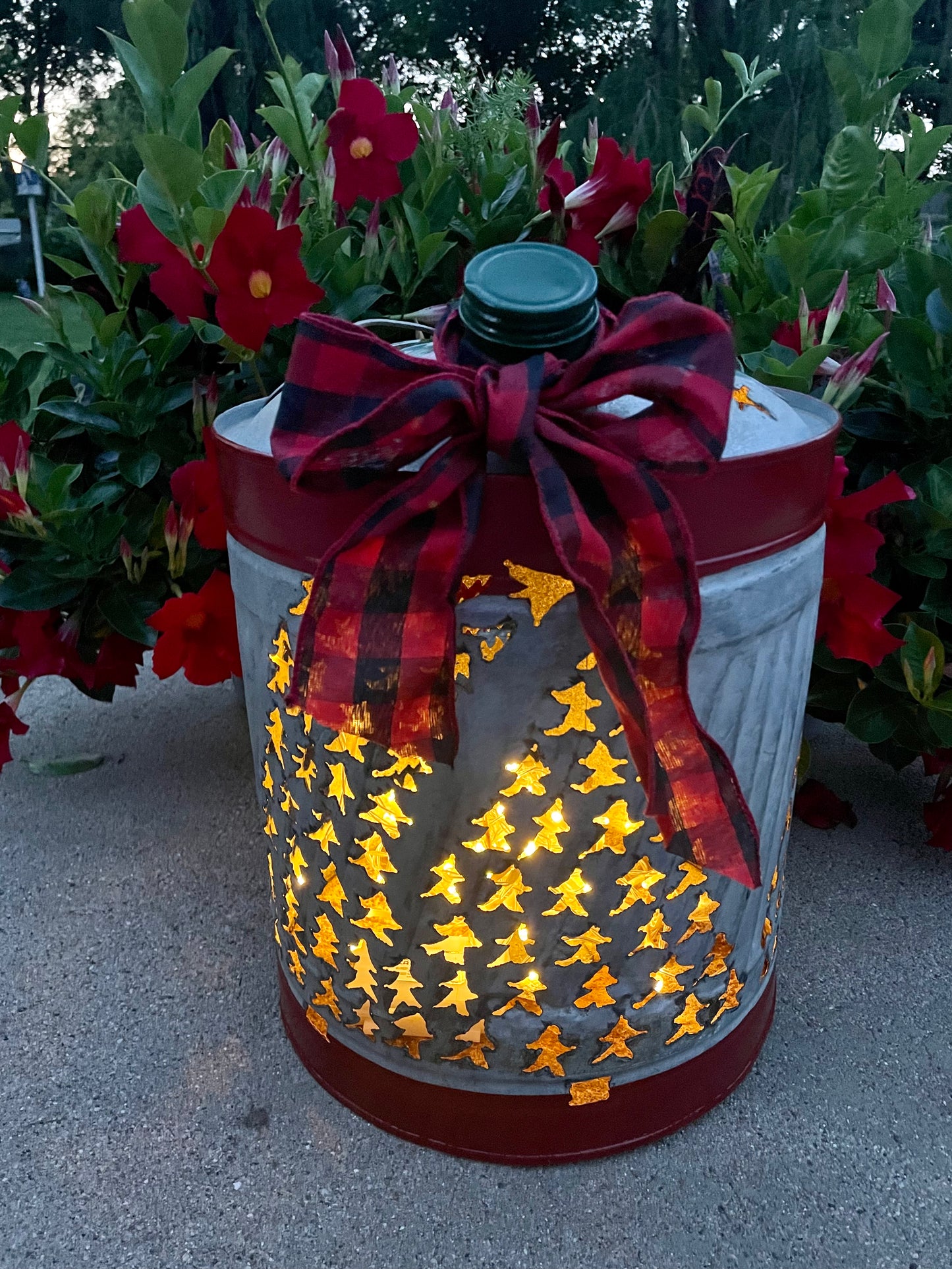 Large Christmas Tree Gas Can Luminary - Green and Red Pointsetta