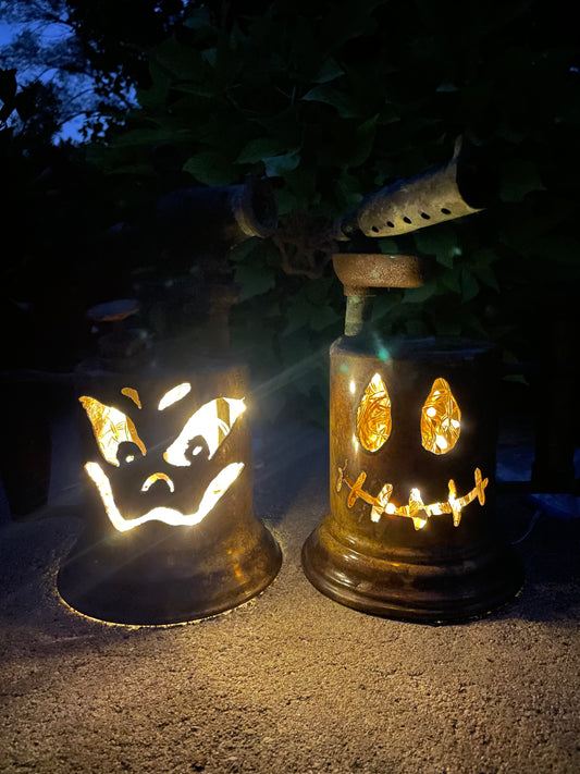 Two Antique Brass Blowtorch Jack-o-Lantern Luminarias
