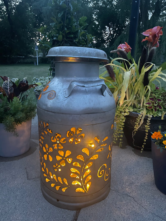 Vintage Milk Can Flower Luminary - Hand Cut