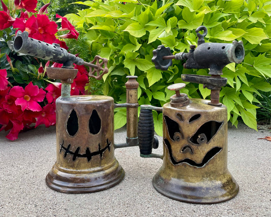 Two Antique Brass Blowtorch Jack-o-Lantern Luminarias