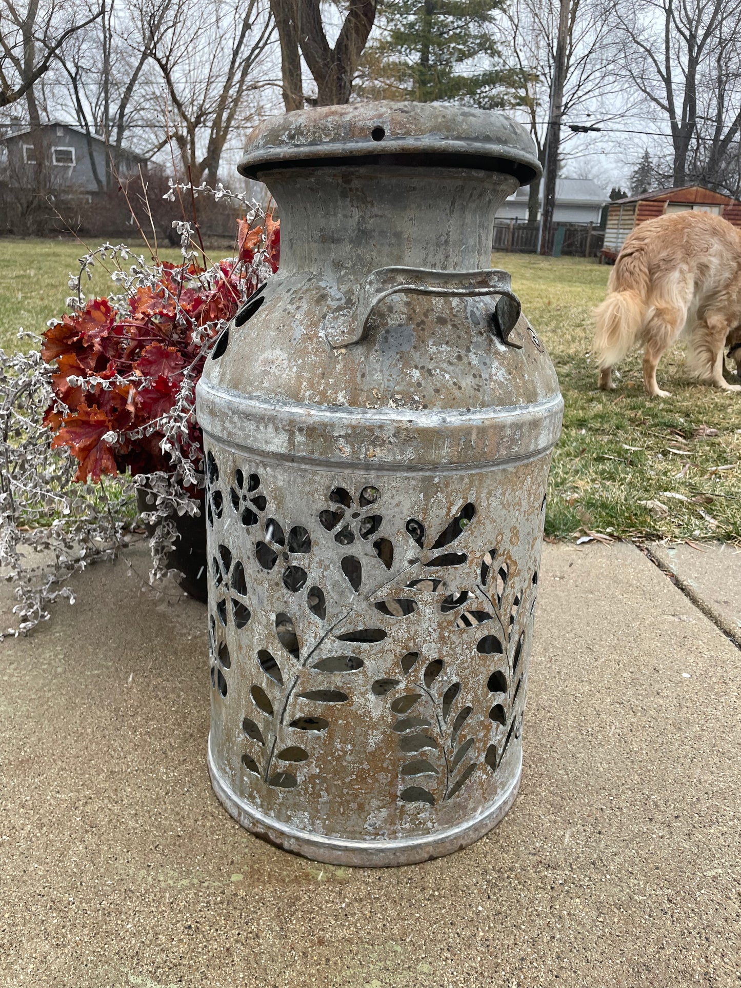 Vintage Milk Can Flower Luminary - Hand Cut